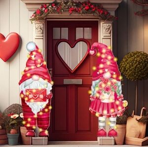 2 Pcs Gnome LED Lighted Valentine's Day Outdoor Yard Stakes Pink Hearts